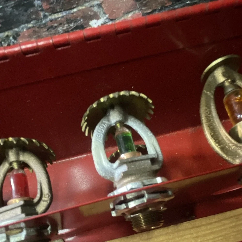 Lot of Sprinkler Heads, Brass w/ Colored Glass Bulbs, Red Case,  vintage